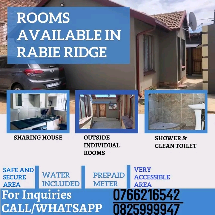 Rooms available for rental. 
📍 ext 2.  
  in Rabie ridge