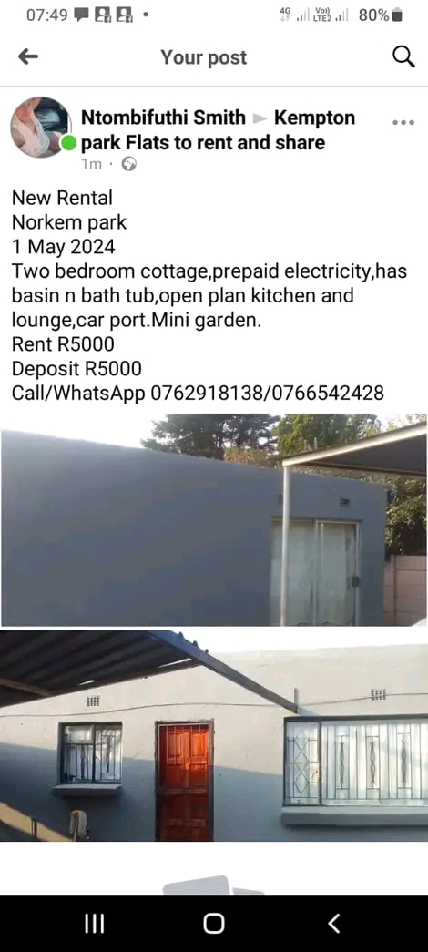 2 bedroom cottage to rent..it is available fr  in Norkem Park
